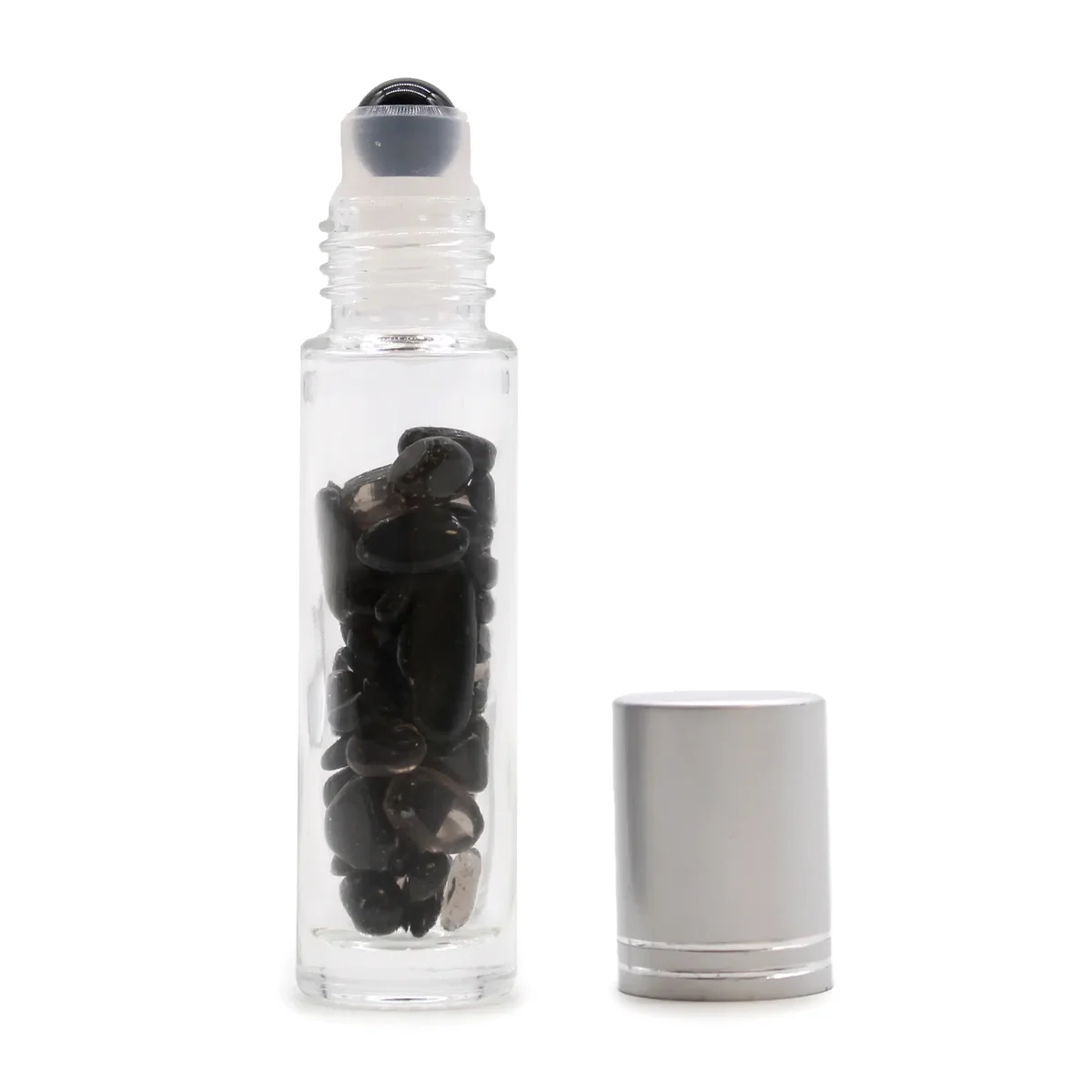 Black tourmaline roller bottle with silver cap holding clear essential oil, featuring a gemstone ring on the neck.