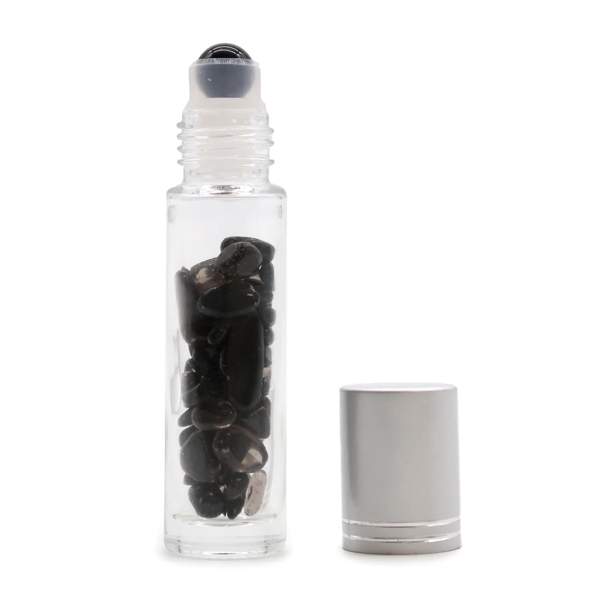 Black glass essential oil roller bottle with a black tourmaline stone and silver cap