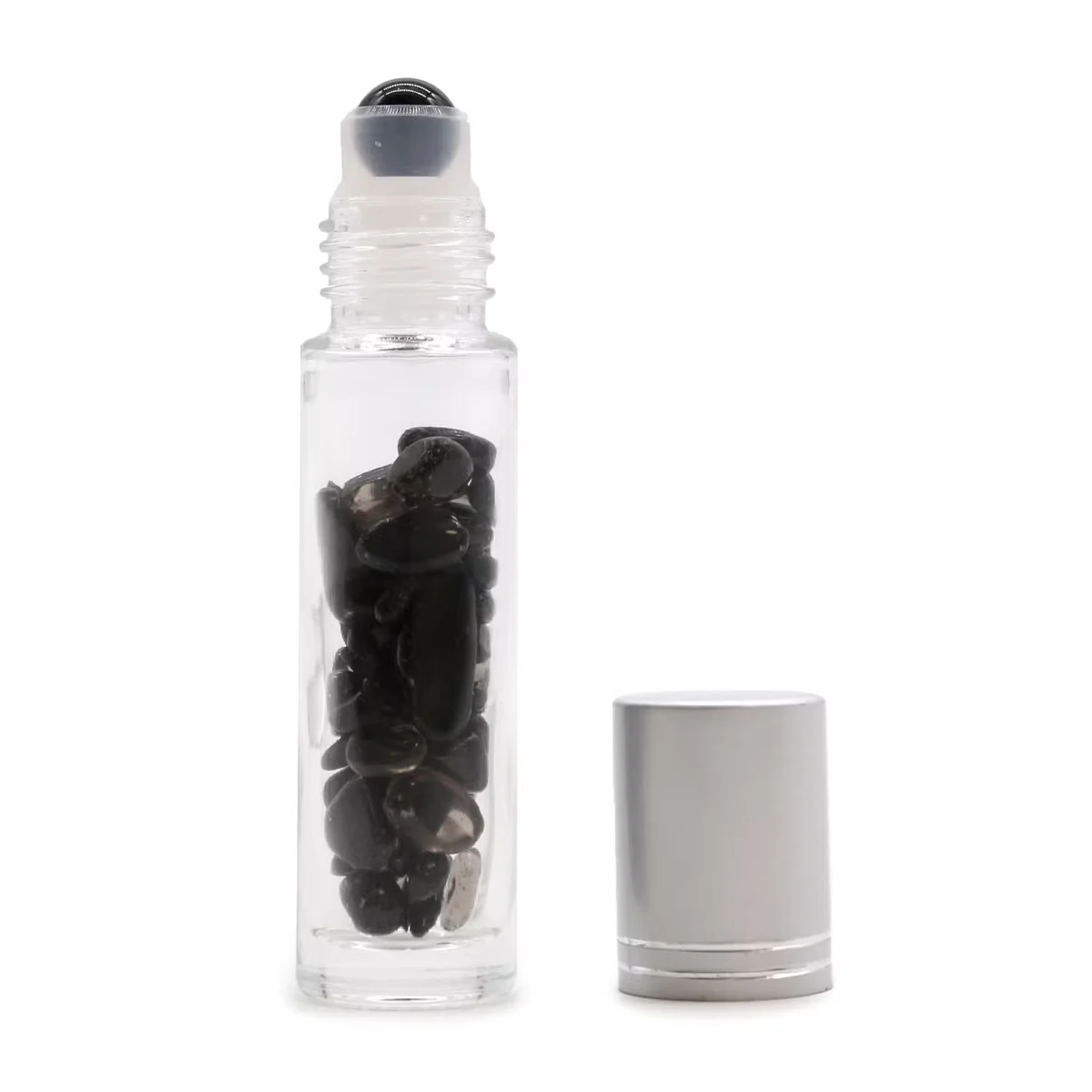 Black tourmaline essential oil silver cap roller bottle with glass container, clear roller ball, crystal visible inside.