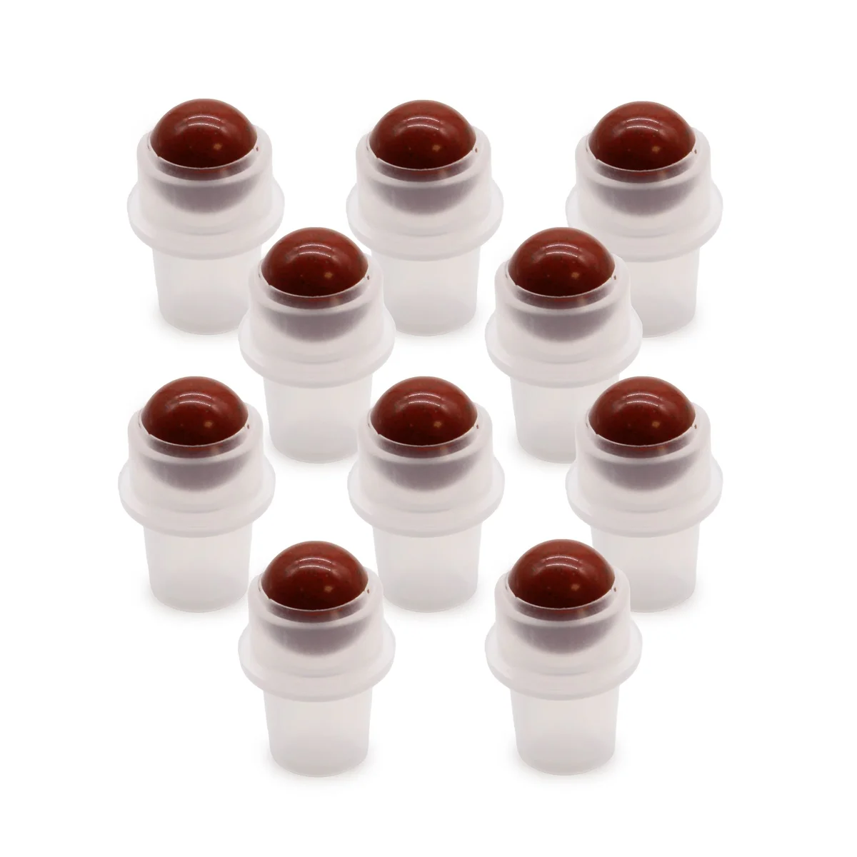 Red jasper roller tip attached to a 5ml bottle opening, showing the stone surface and metal shaft.
