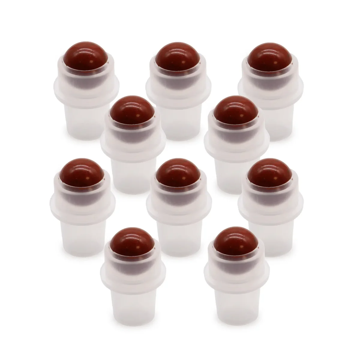 Red jasper gemstone roller tip fitted to a 5ml bottle, showing polished stone tip on clear plastic top.