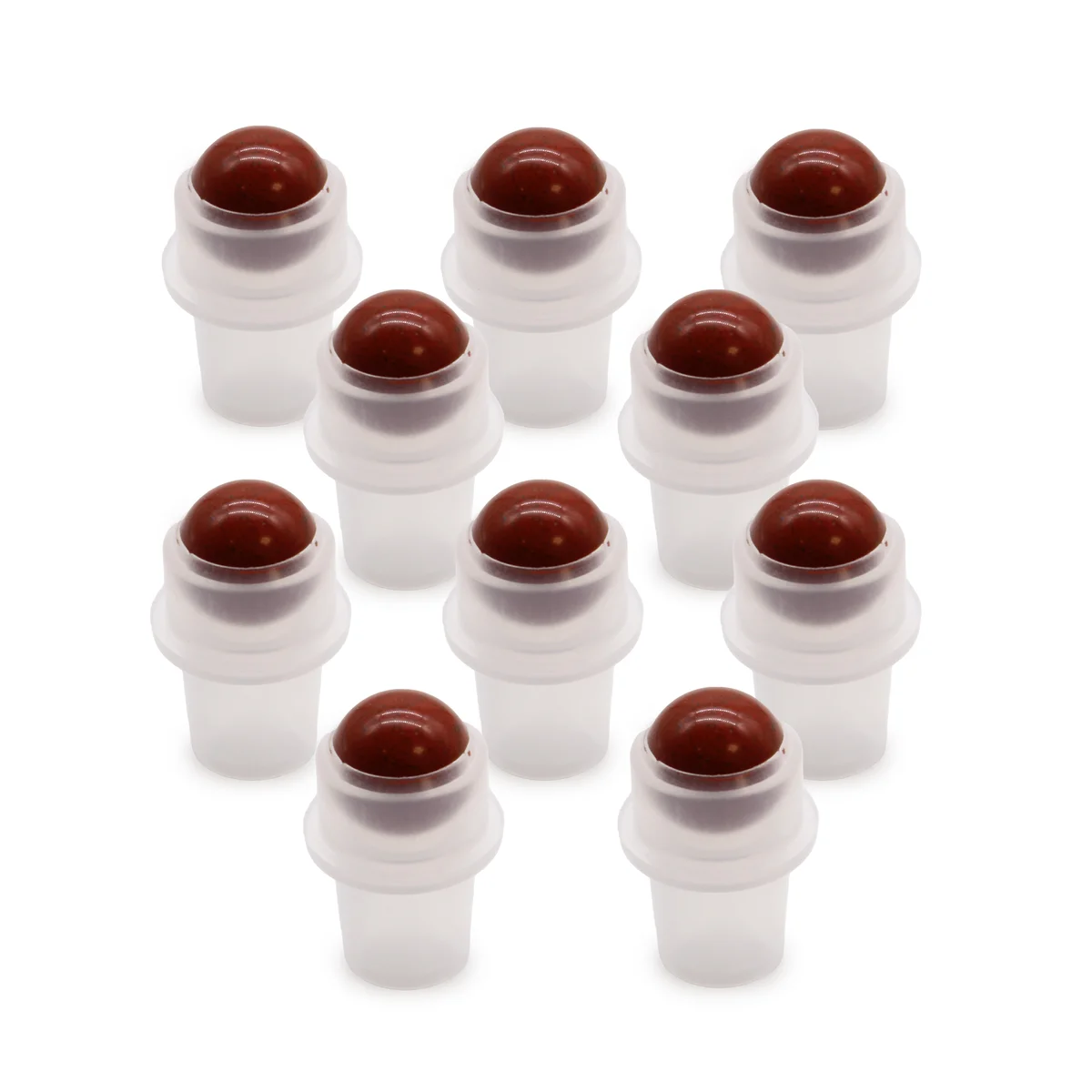 Red jasper gemstone roller tip for 5ml bottle, featuring polished stone surface.
