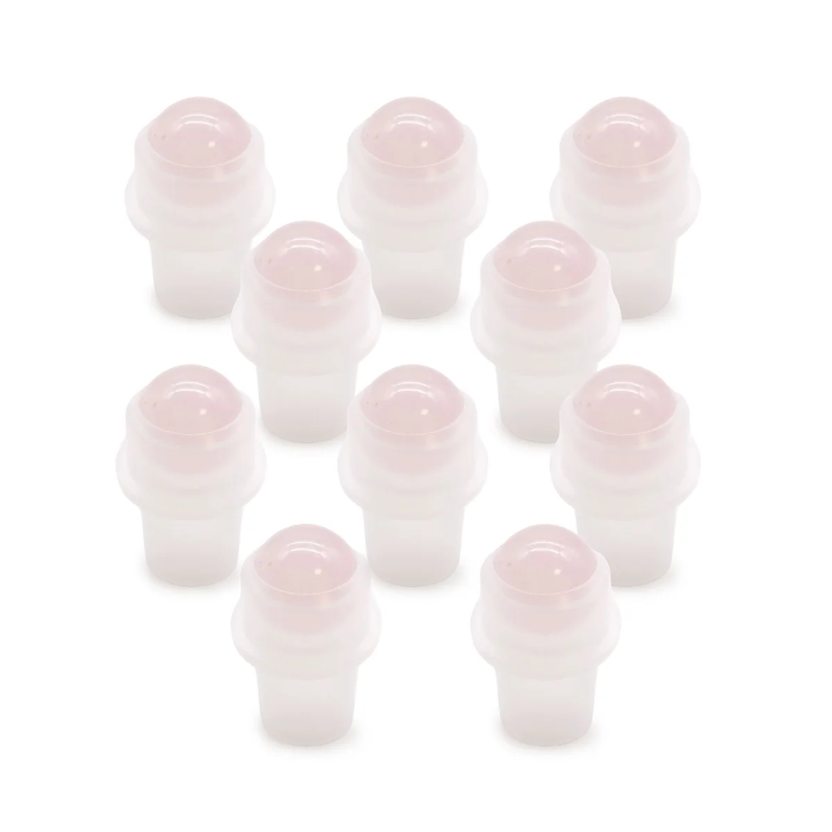 Rose quartz roller tip for 5ml bottle shown in a clear glass case.