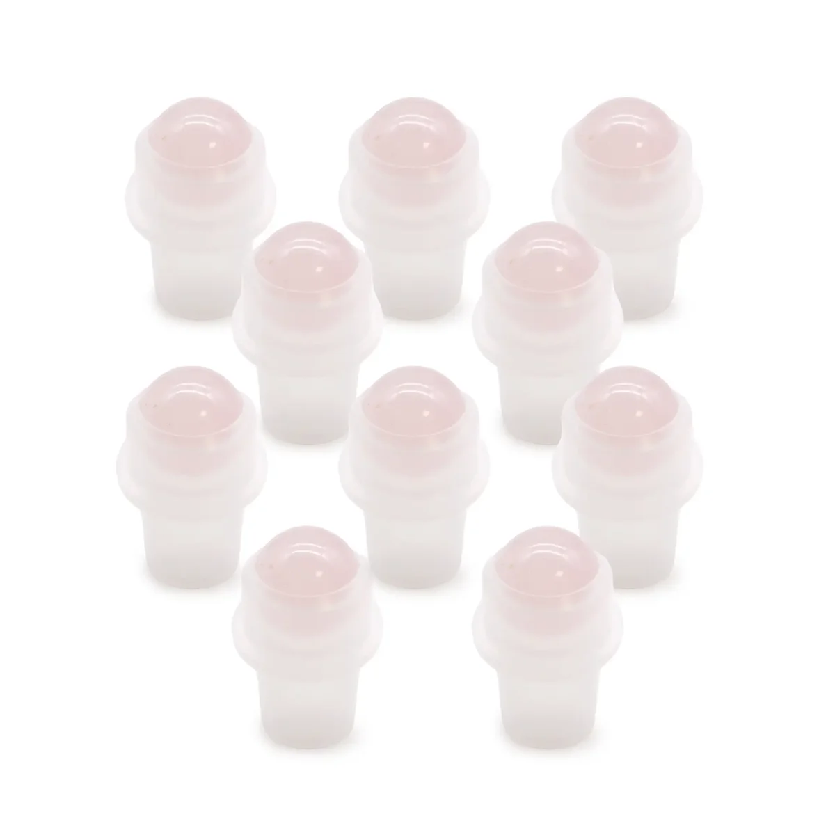 Gemstone roller tip for 5ml bottle, featuring a rose quartz stone wrapped in black silicone.
