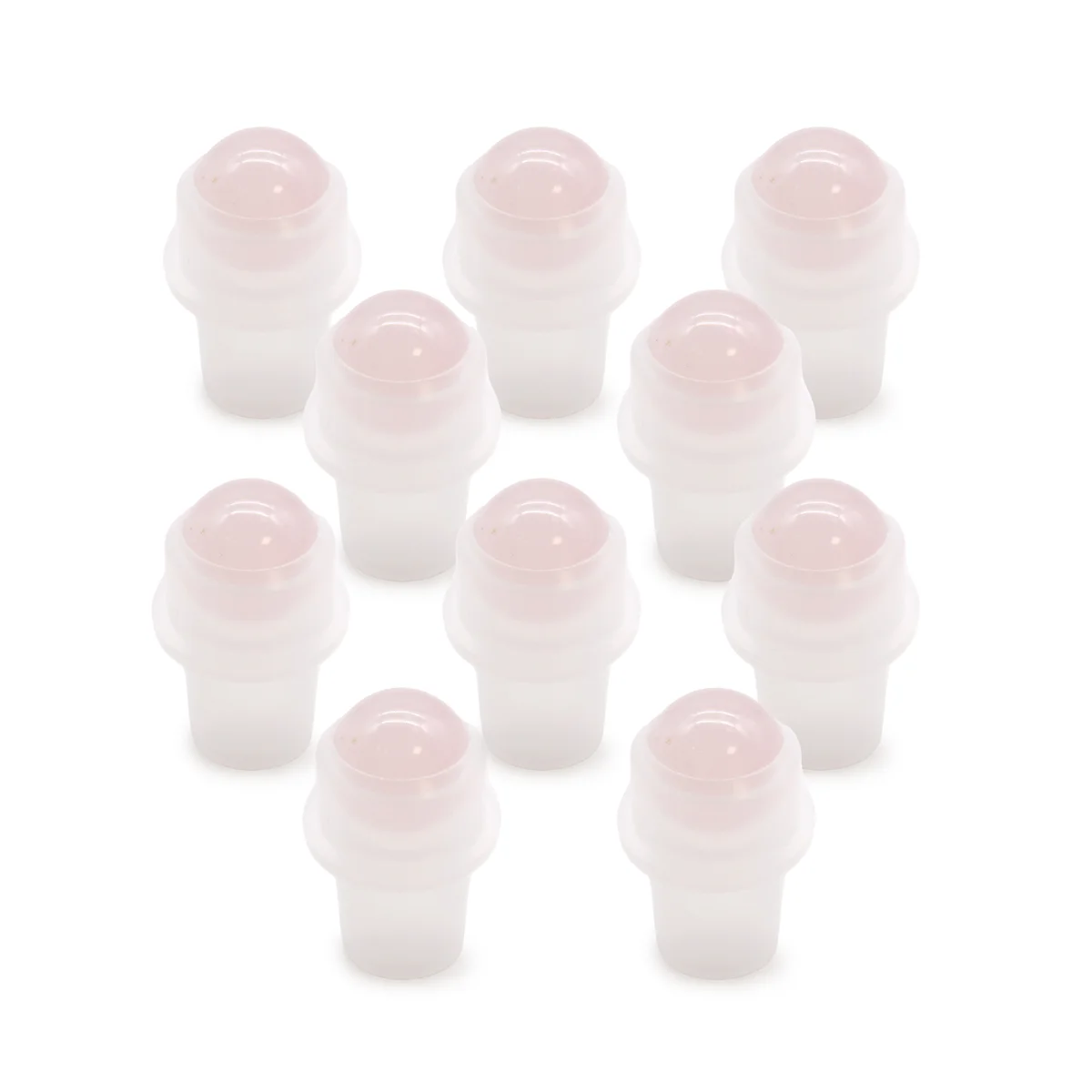 Rose quartz gemstone roller tip on a 5ml bottle roller.