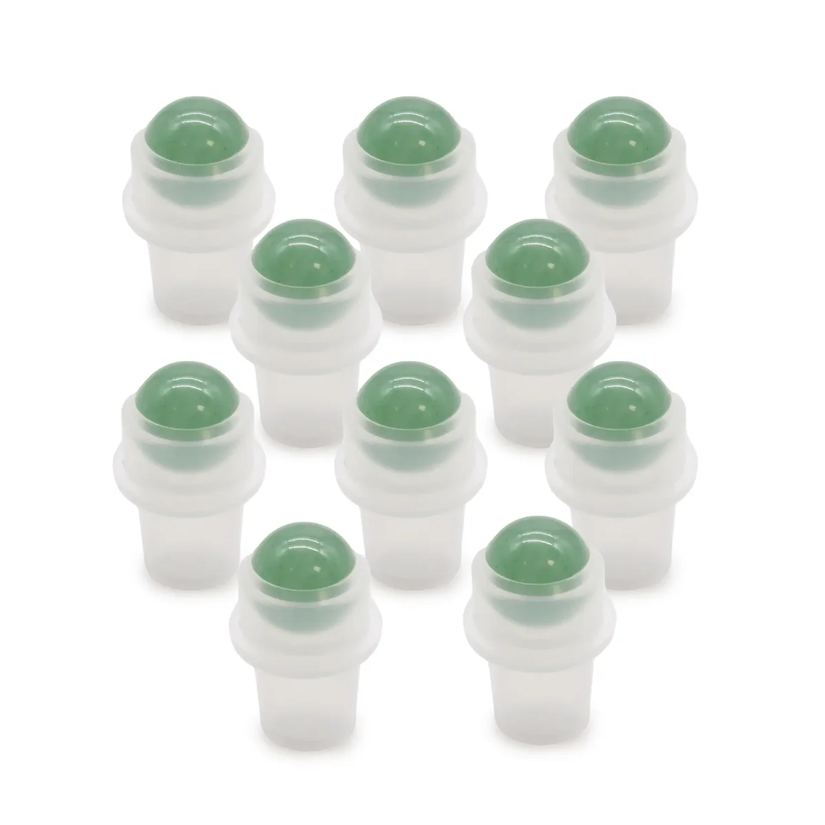 Gemstone roller tip in aventurine for 5ml bottle, showing a polished green stone with a cylindrical tip holder.