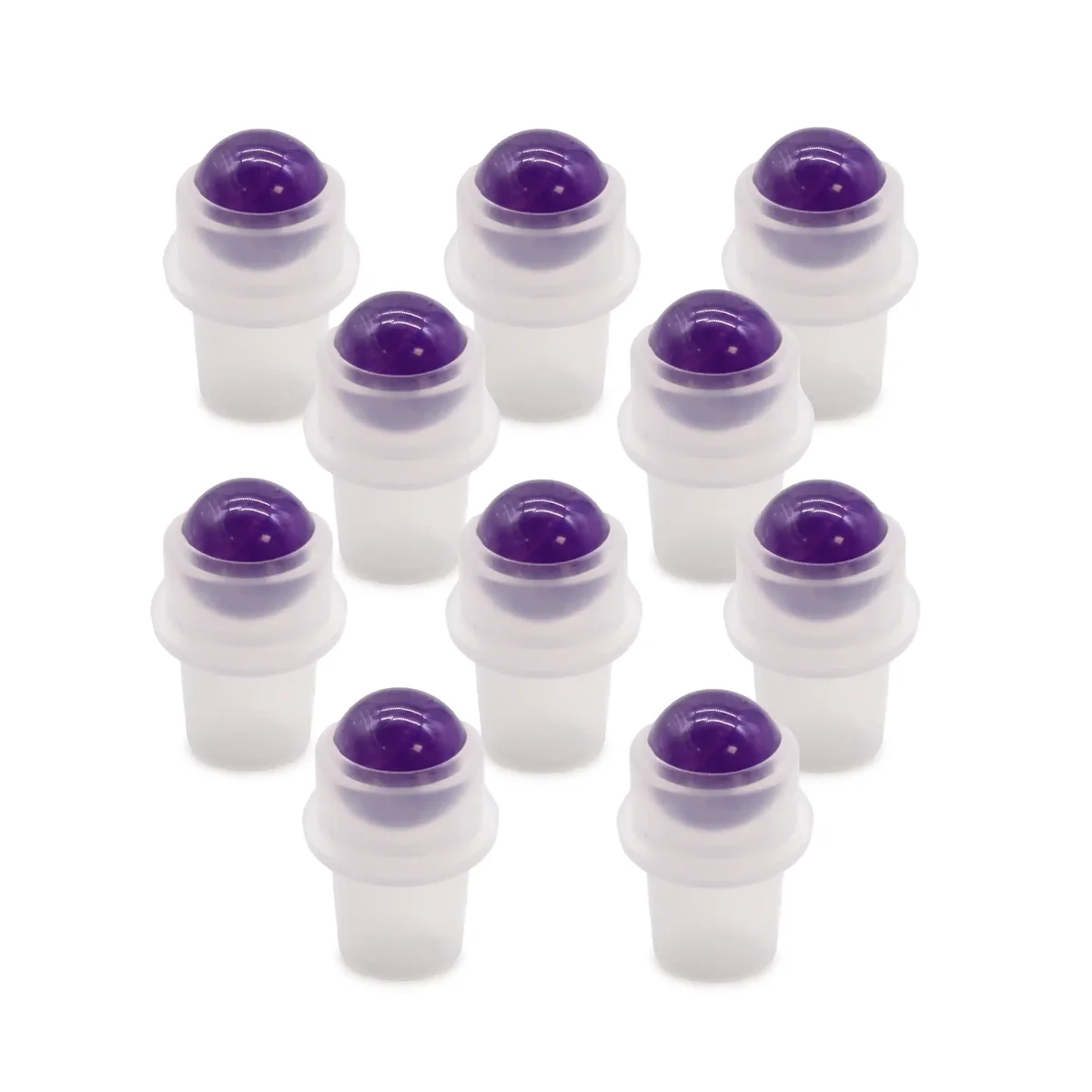 Thin 5ml bottle with a smooth amethyst gemstone roller tip.