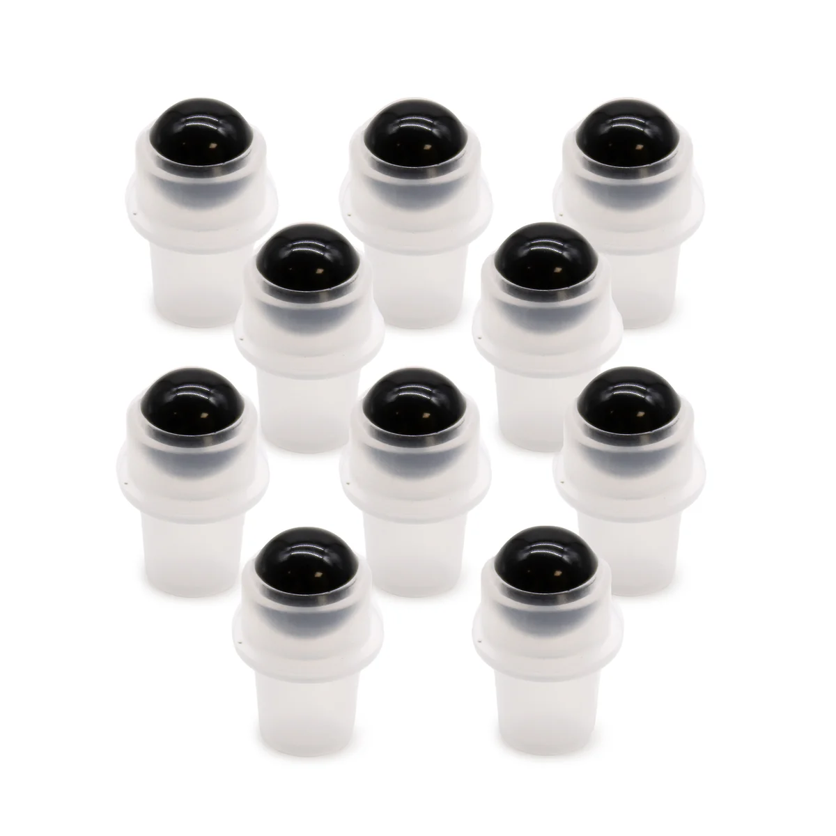 Black tourmaline gemstone roller tip for 5ml roller bottle, displayed on a clear bottle with a sleek black tip.