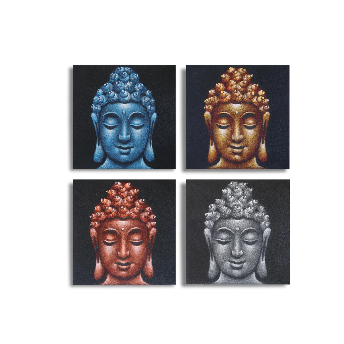 Set of 4 Buddha heads wall art with sand detail, each 30x30cm, arranged in a square display