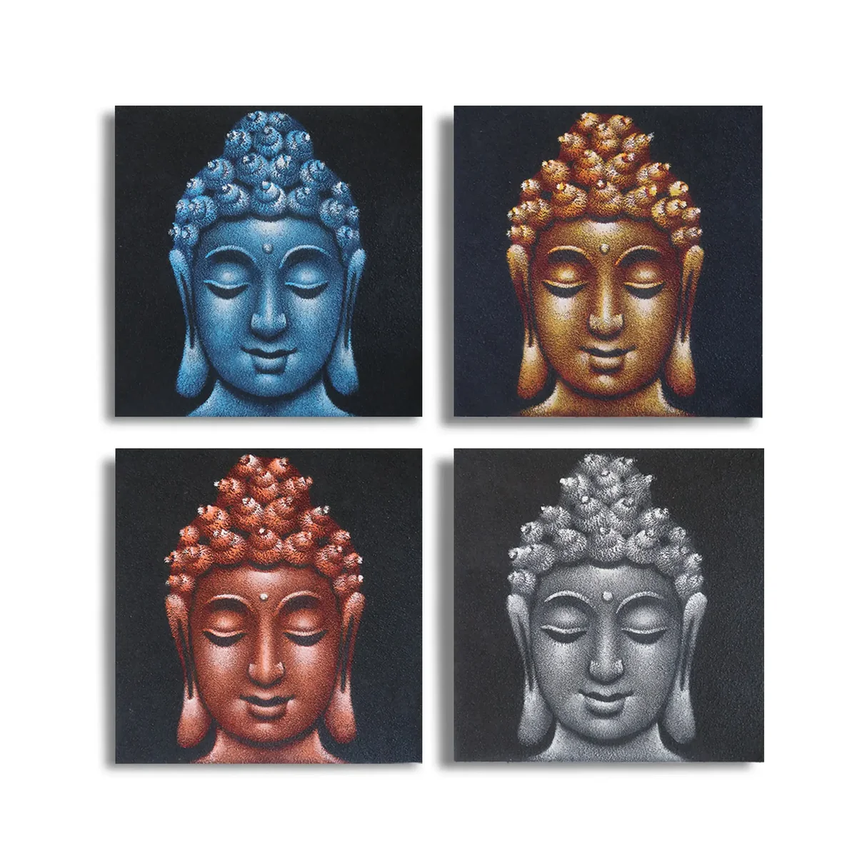 Set of 4 wall art featuring Buddha heads with sand detail, each piece measuring 40x40cm, arranged together