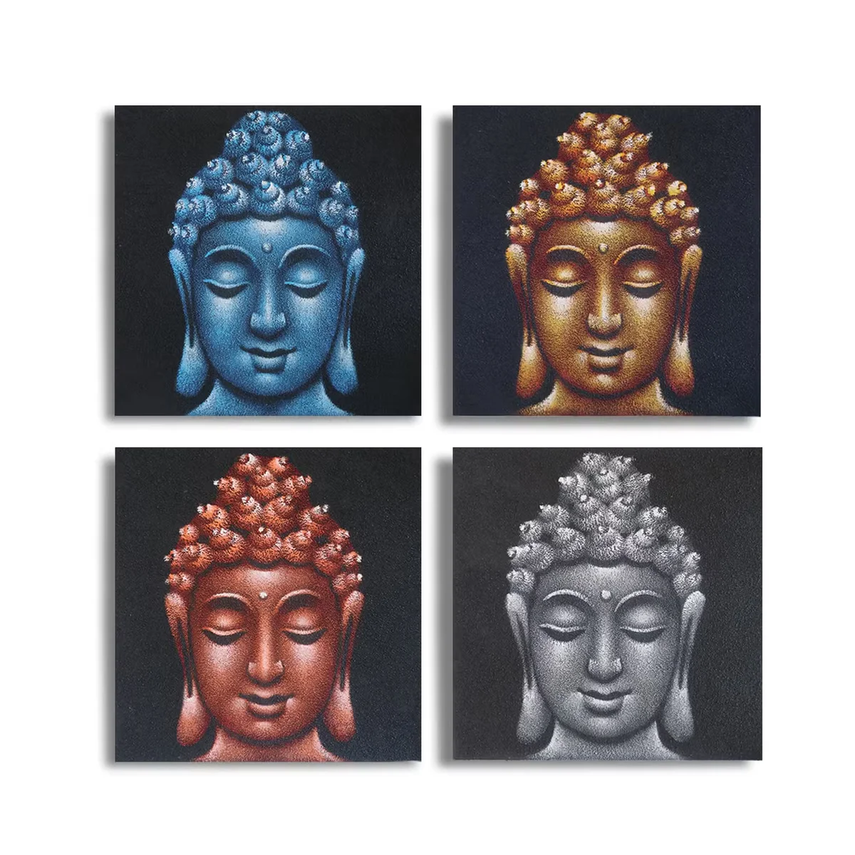 Third piece in set of 4 Buddha heads with sand detail wall art, each 40x40cm square canvas panel