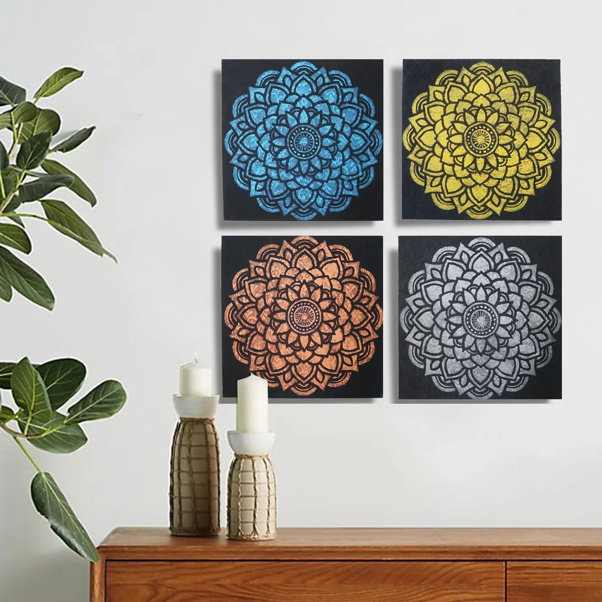 Set of 4 mandala wall art set with brocade detail, each 30x30cm square panels in intricate patterns