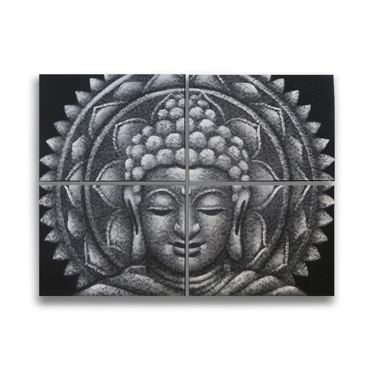 Set of 4 grey Buddha wall art panels with mandala brocade detail, each 30x40cm, arranged in a grid display