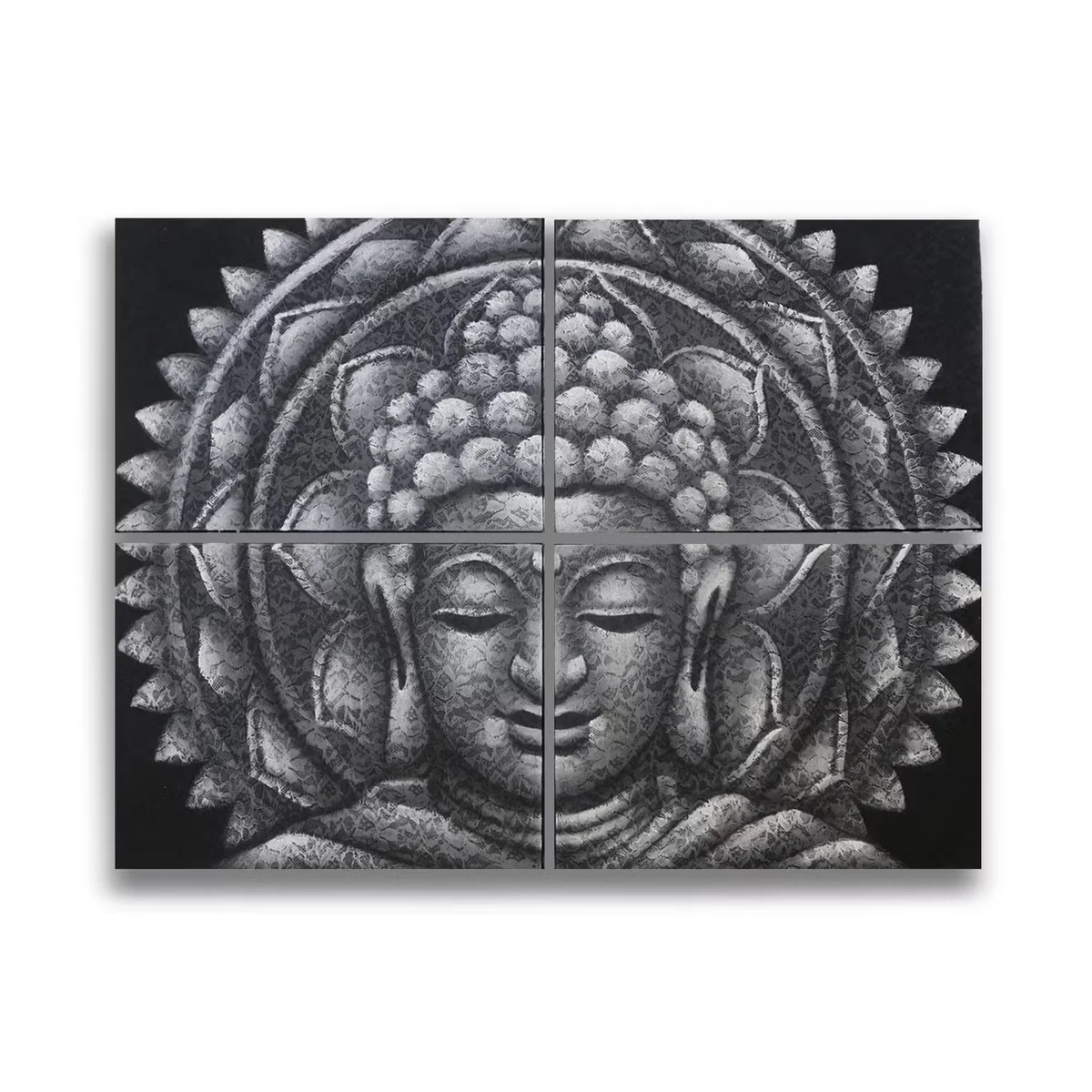 Grey Buddha Mandala brocade detail on 30x40cm wall decor panel, part of a set of four, elegant spiritual design