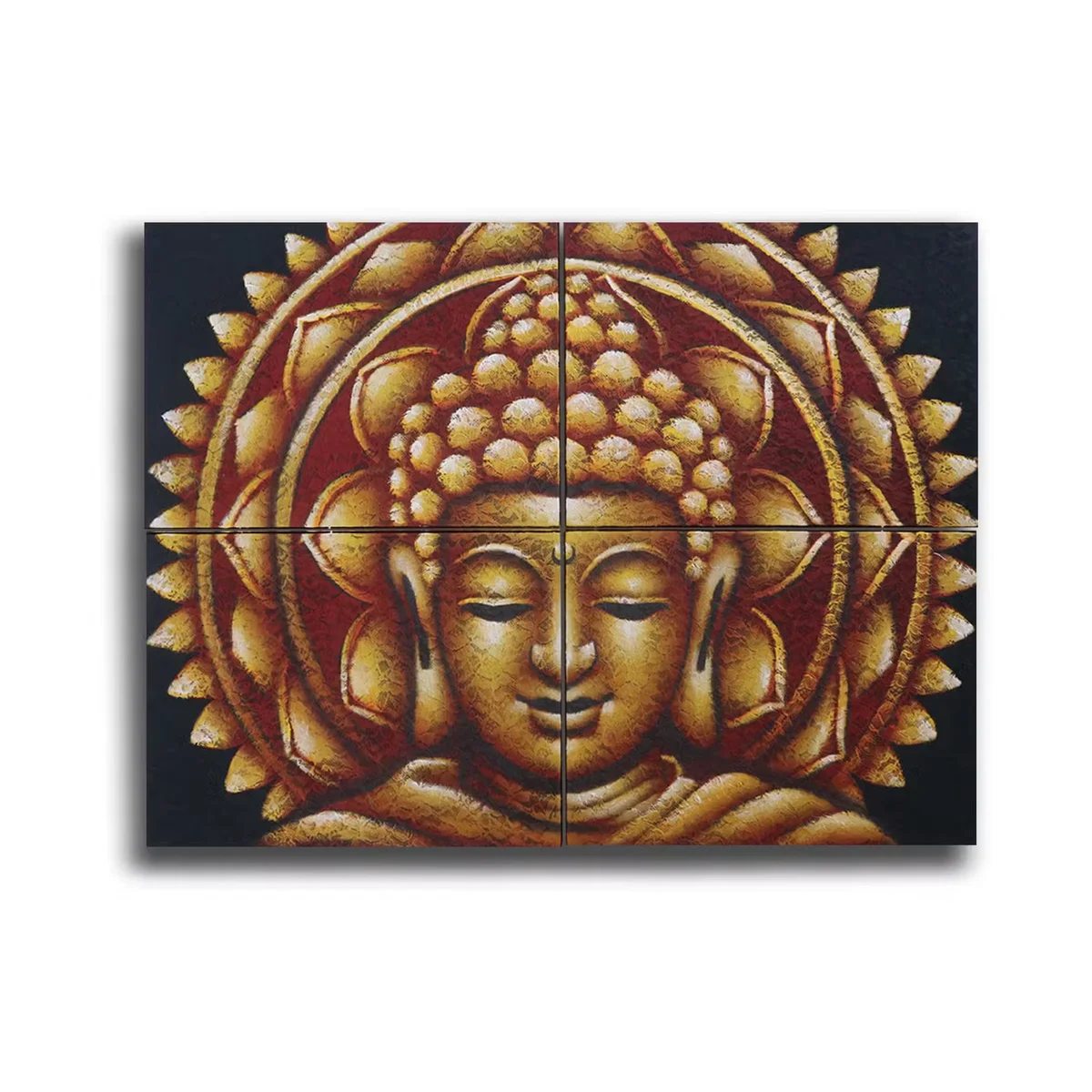 Third image showing gold Buddha mandala set with intricate brocade detail artwork on 30x40cm panels