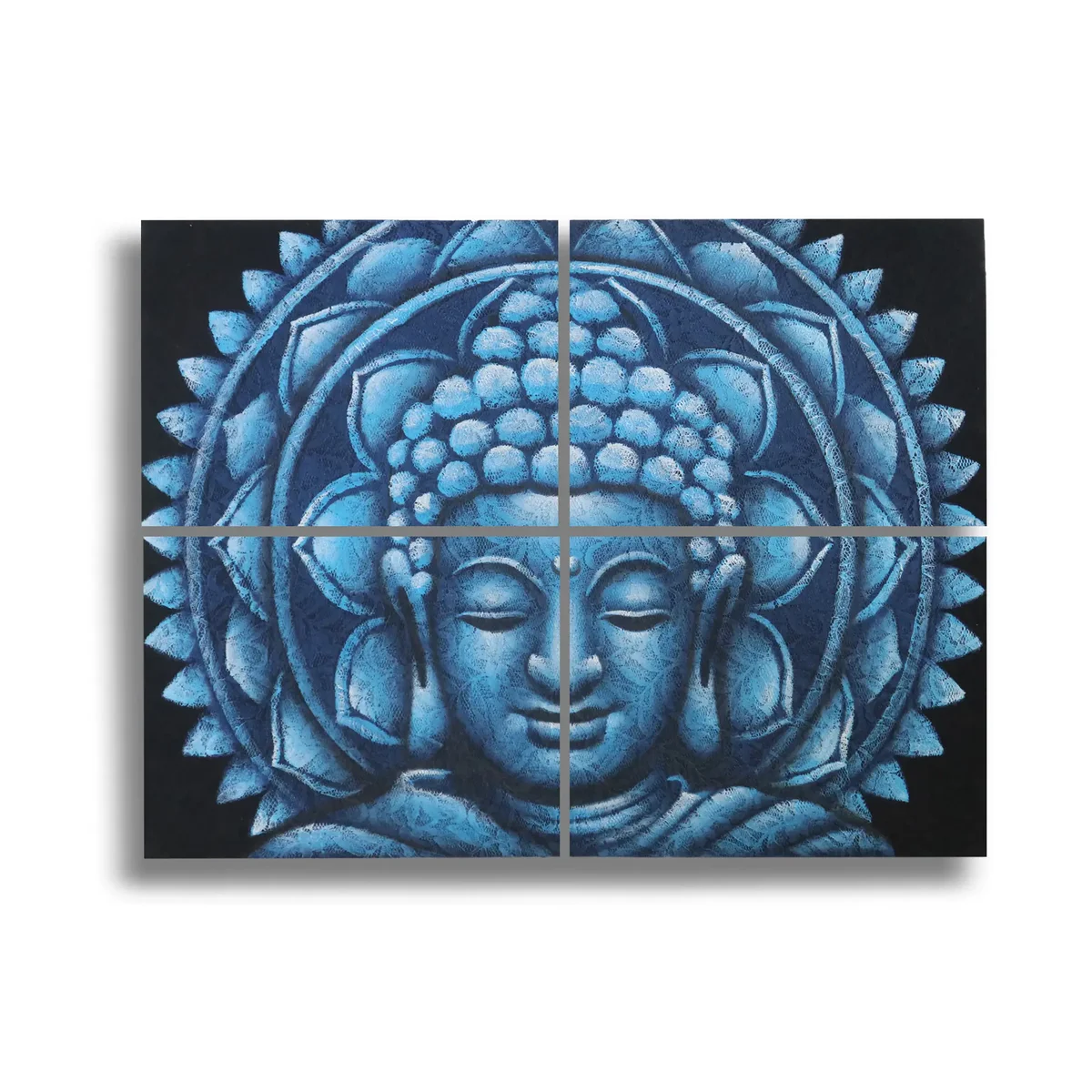 Set of 4 blue Buddha mandala art prints with brocade detail, each 30x40cm, arranged side by side