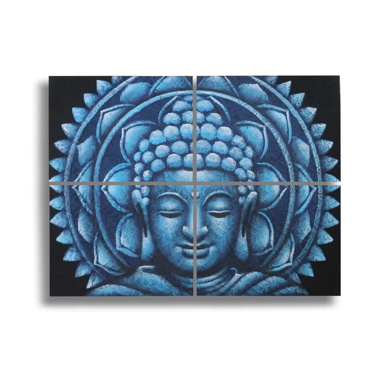 Set of 4 wall art featuring blue Buddha mandala designs with brocade detail, each canvas 30x40cm, arranged on a wall