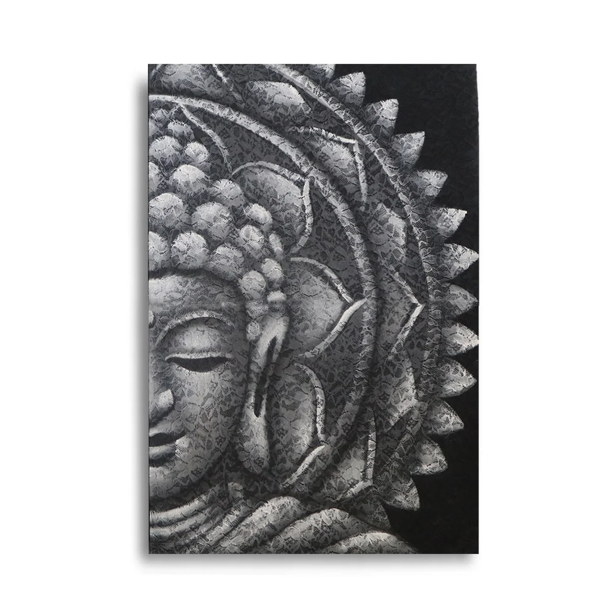 Grey Buddha wall art featuring a half Buddha mandala design in grey tones, size 60x80cm on a plain background