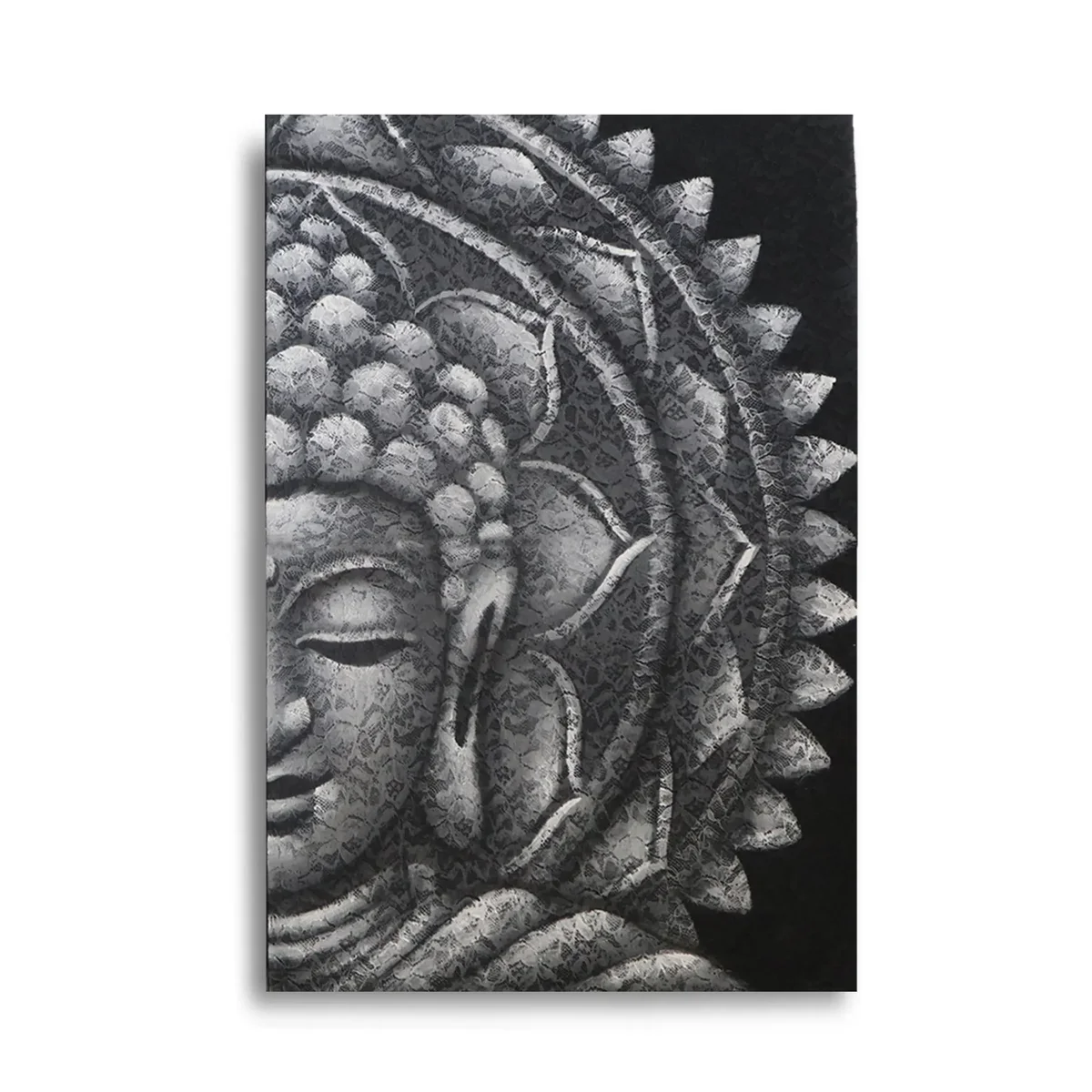 Grey half Buddha mandala artwork in shades of grey, sized 60x80cm, featuring intricate spiritual design elements