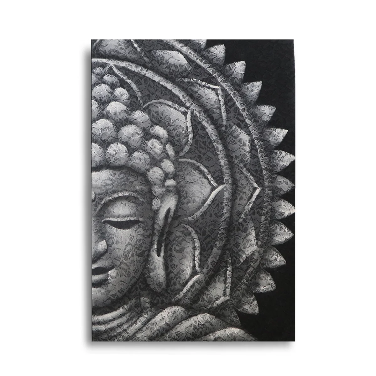 Grey half Buddha mandala artwork in shades of grey, 60x80cm wall decor for living room or meditation space