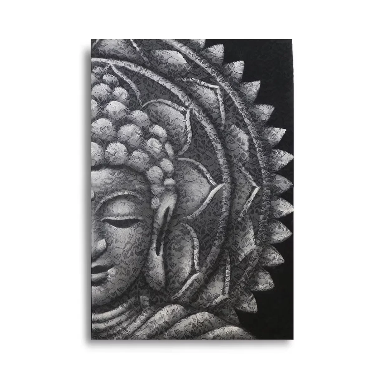 Grey mandala print featuring half Buddha design in grey tones, sized 60x80cm, wall art for home decor
