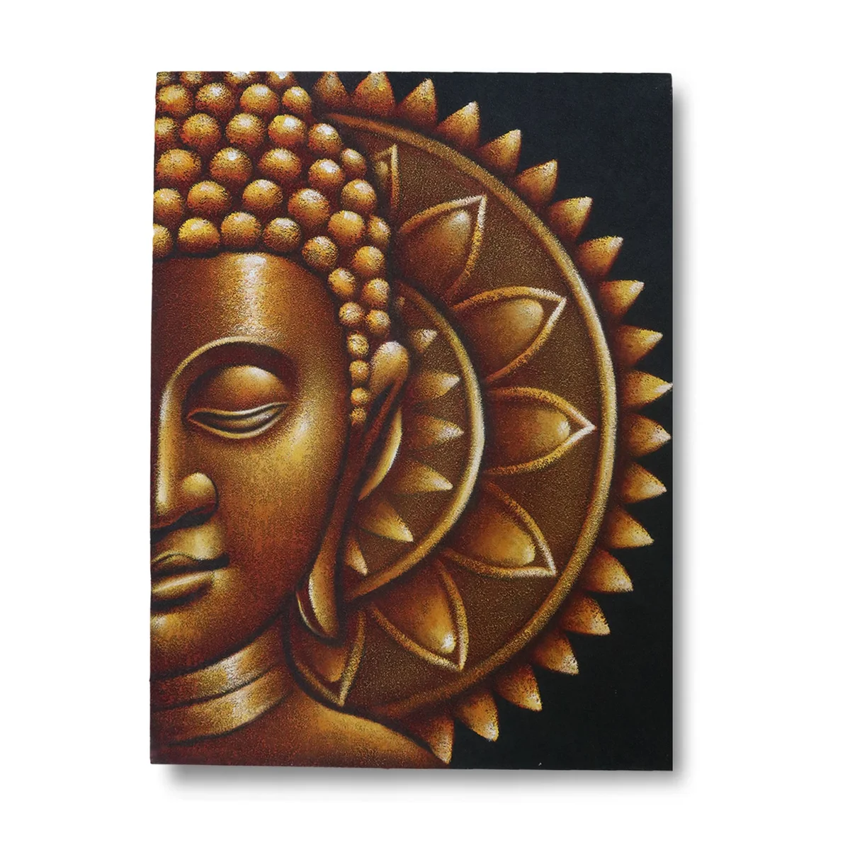 Gold Buddha wall art featuring a half Buddha mandala design in gold tones, sized 60x80cm on a white background