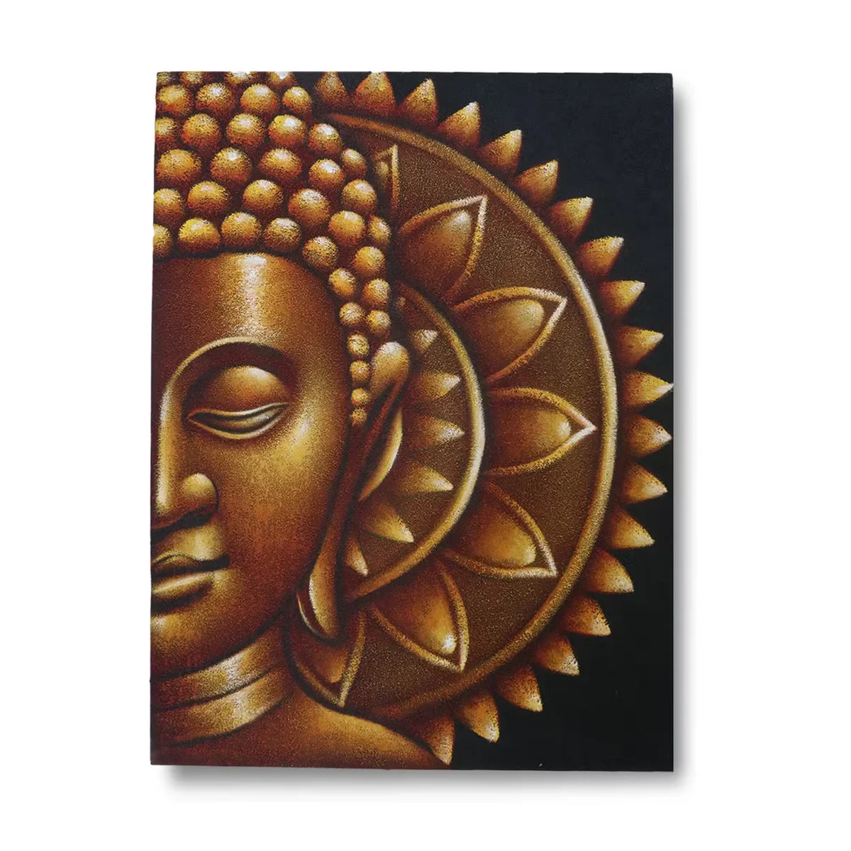 Gold half Buddha mandala design on 60x80cm wall art with intricate patterns and metallic finish