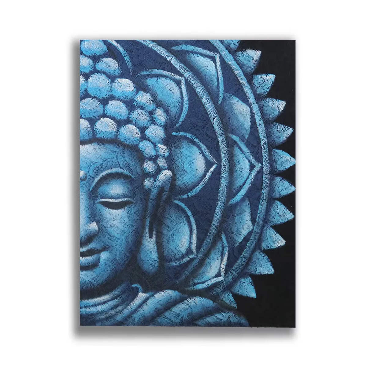 Blue half Buddha mandala wall art in shades of blue, measuring 60x80cm, with intricate circular design details
