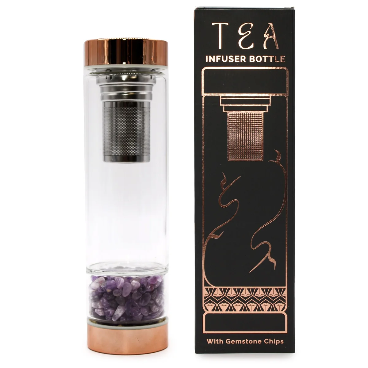 Crystal glass tea bottle with rose gold accents and amethyst glass, featuring a tea infuser.
