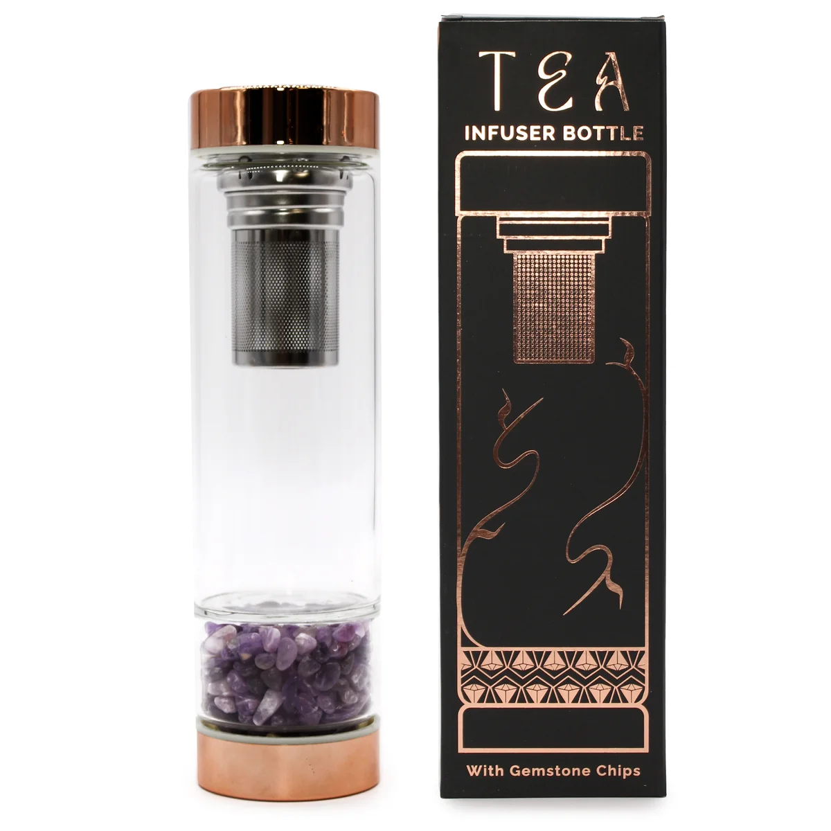 Rose‑gold crystal glass bottle with clear amethyst tea infuser, elegant clear glass body and metallic base.