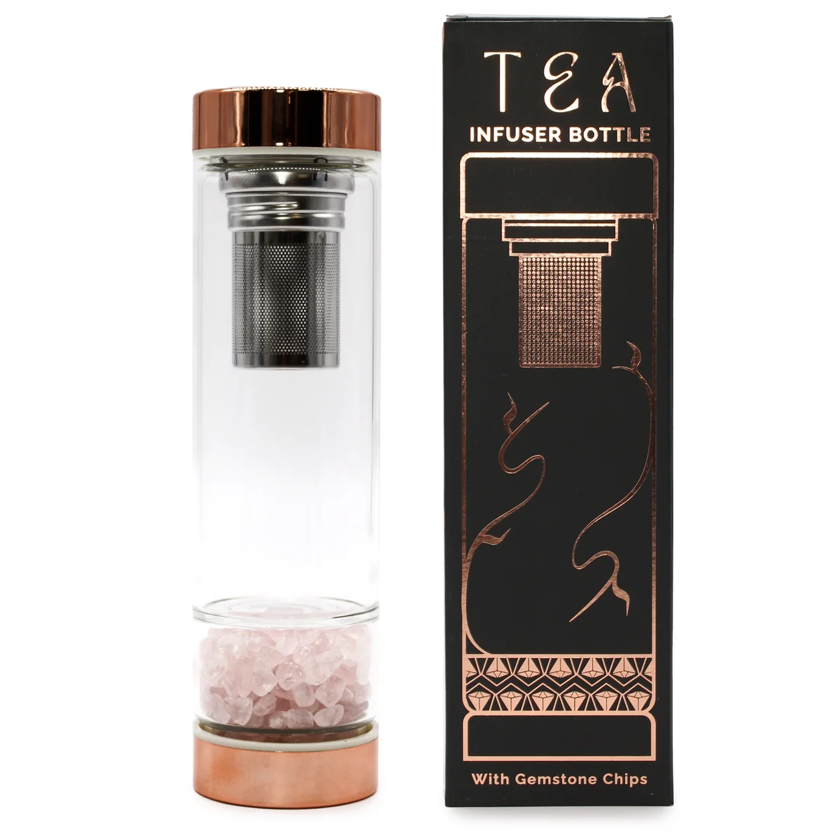 Rose gold bottle with crystal glass tea infuser and rose quartz stones.