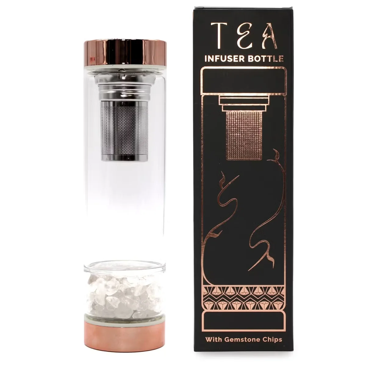 Crystal glass tea infuser bottle in rose gold with a rock quartz design