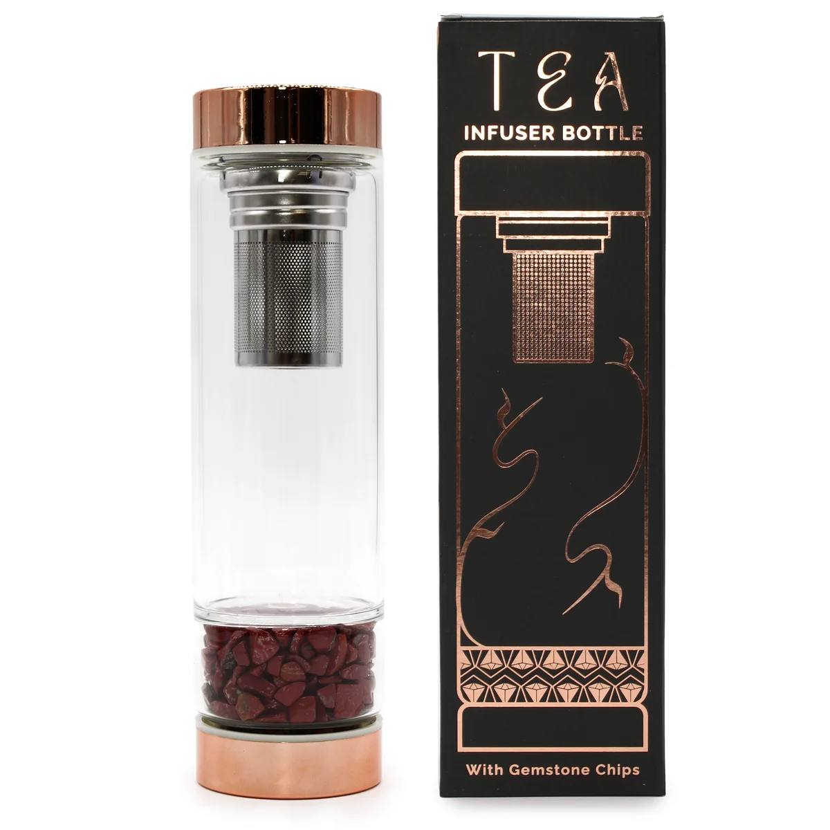 Crystal glass tea infuser rose gold bottle with red jasper accents.