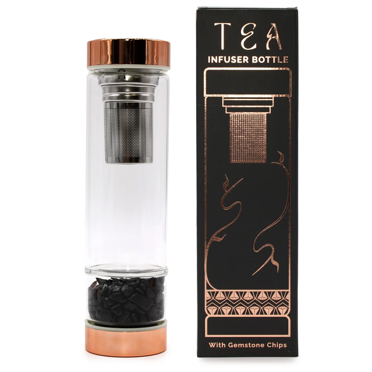 Crystal tea infuser bottle in rose gold and onyx, transparent glass with clear infuser, sleek design.