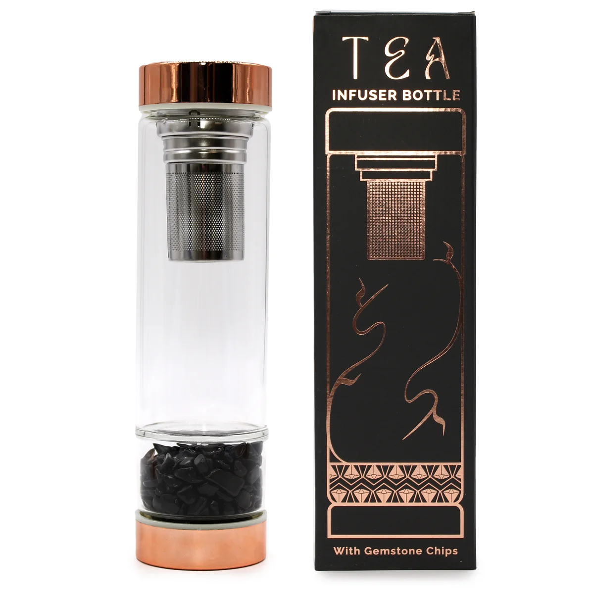 Crystal glass tea infuser bottle with a rose gold frame and onyx trim, clear glass body and built‑in infusion basket.