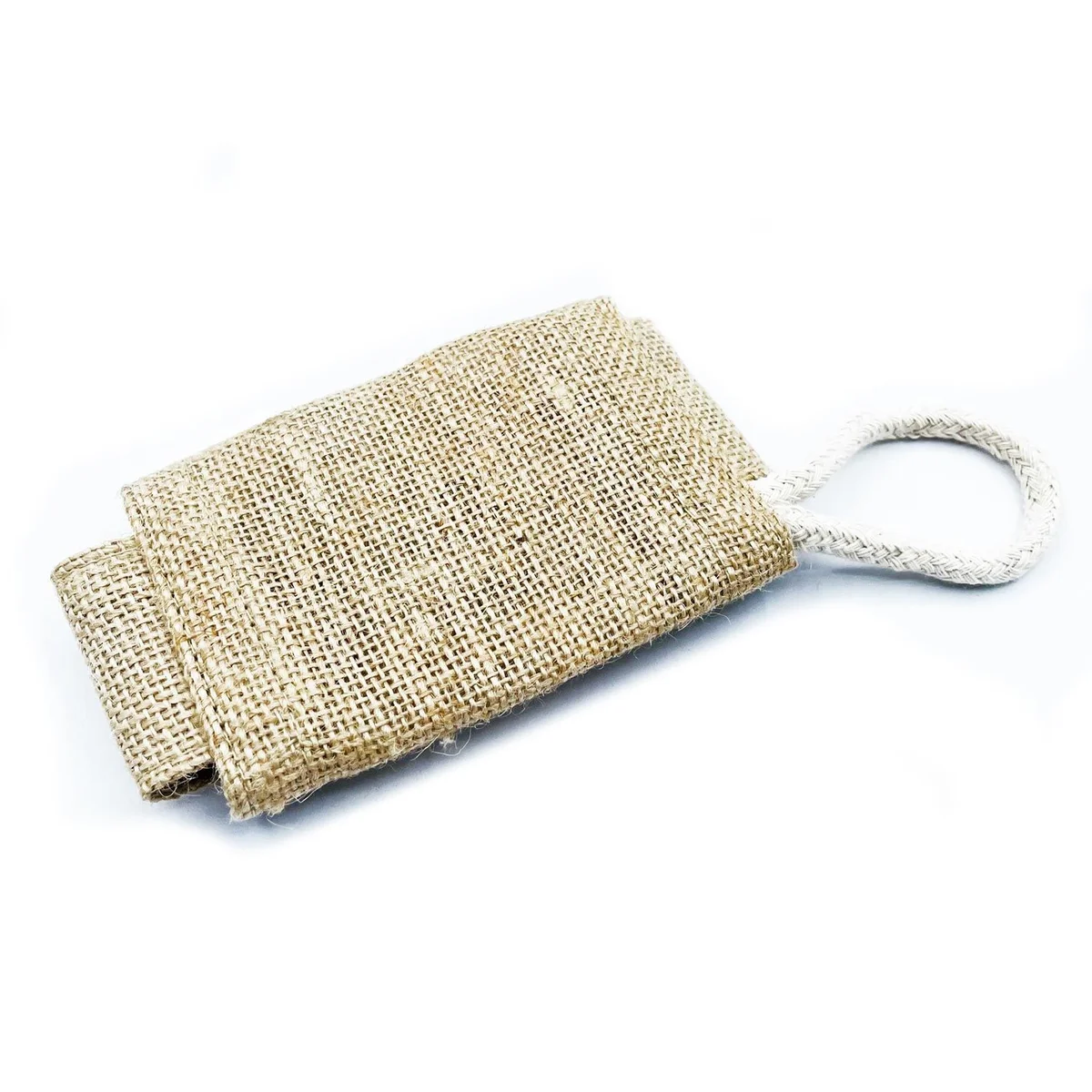 Natural jute soap pouch with textured scrub surface, designed for gentle exfoliation and soap storage