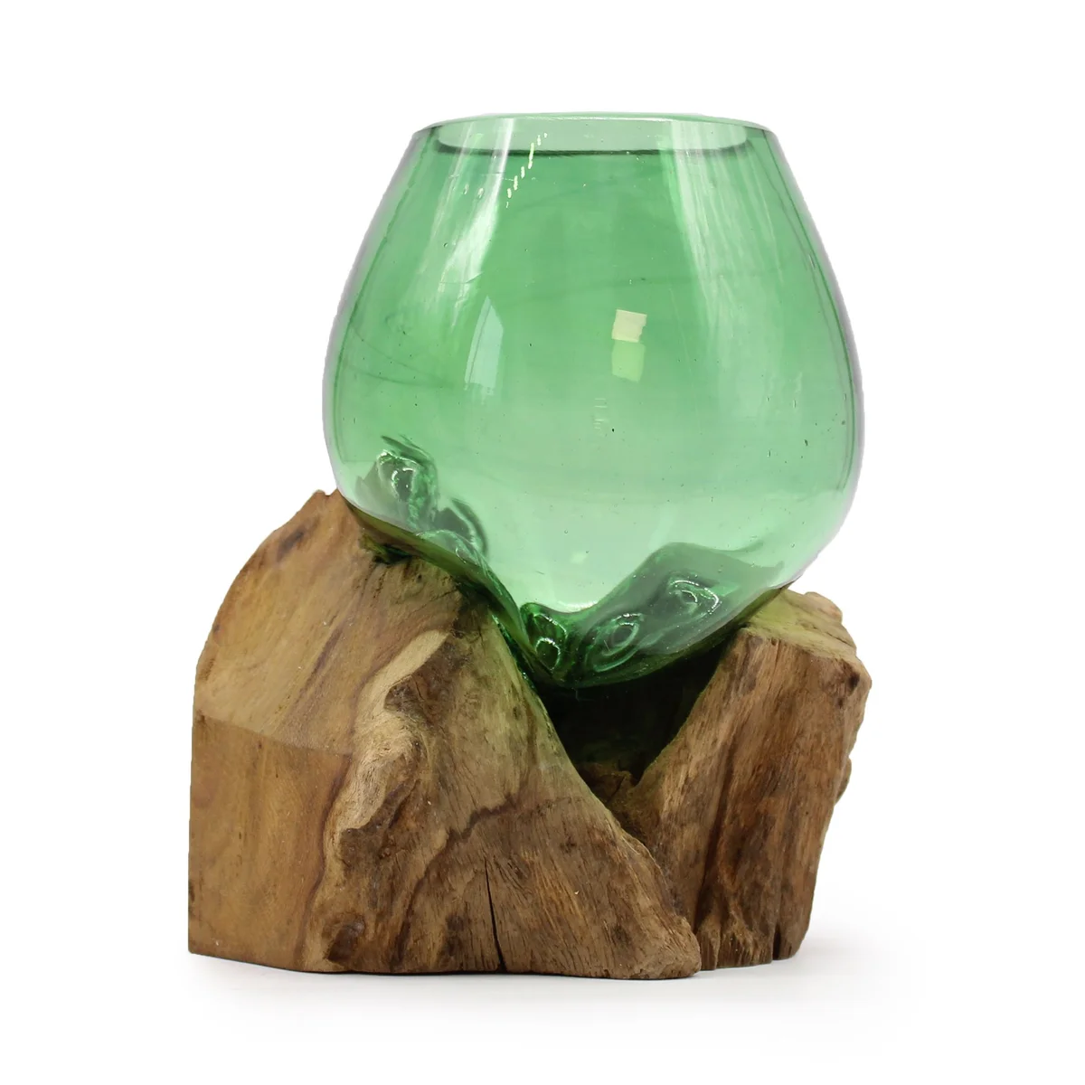 Recycled small bowl made from beer bottles displayed on a wooden surface