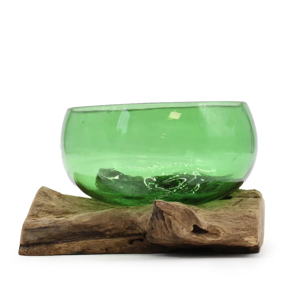 Wide bowl made from recycled beer bottles displayed on a wooden surface showing eco-friendly design