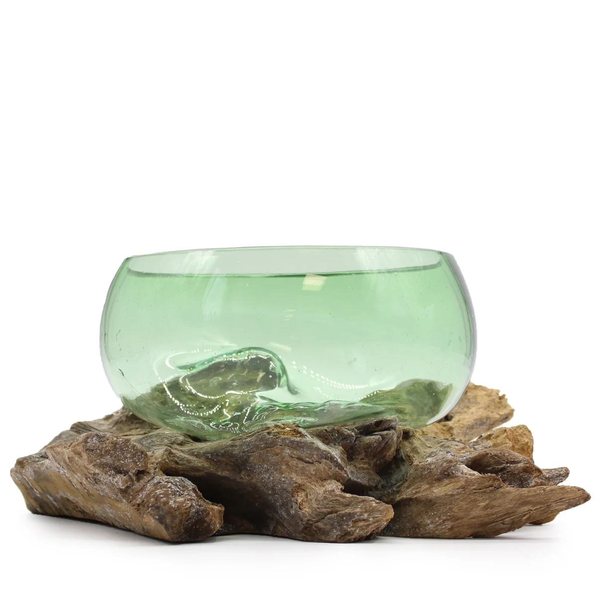 Large wide bowl made from recycled beer bottles displayed on a wooden surface, eco-friendly design