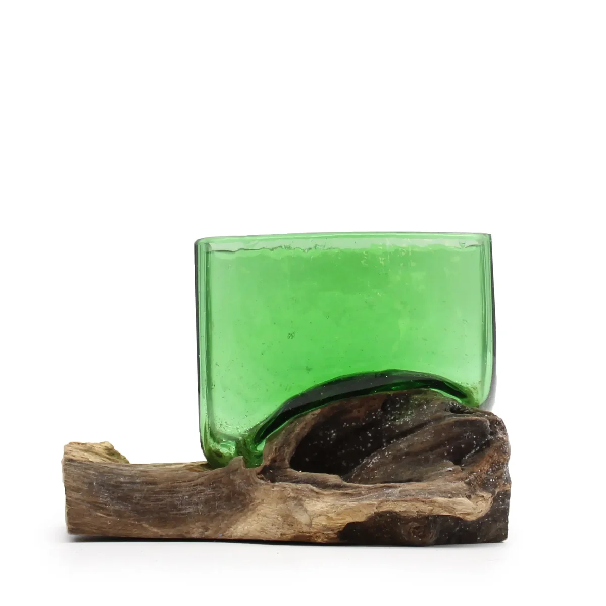 Square glass bowl made from recycled beer bottles displayed on a wooden surface