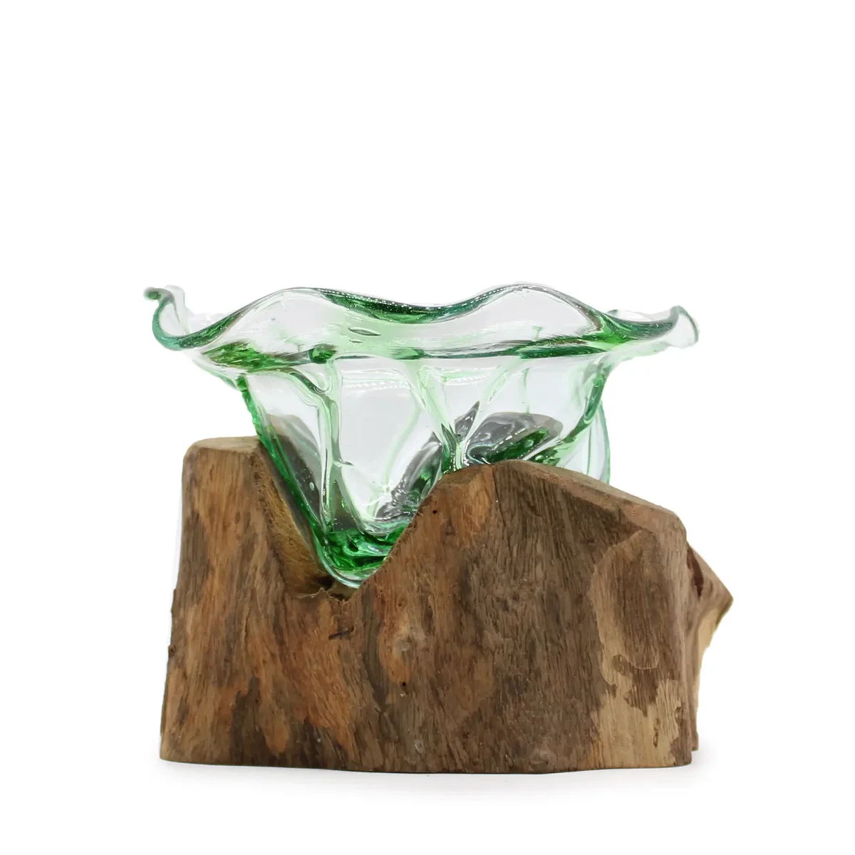 Large fancy sweet bowl made from recycled beer bottles displayed on a wooden surface