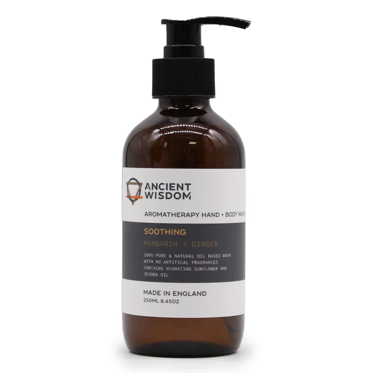 Bottle of Mandarin & Ginger Hand & Body Wash 250ml with orange and ginger design, labelled mandarin ginger hand wash