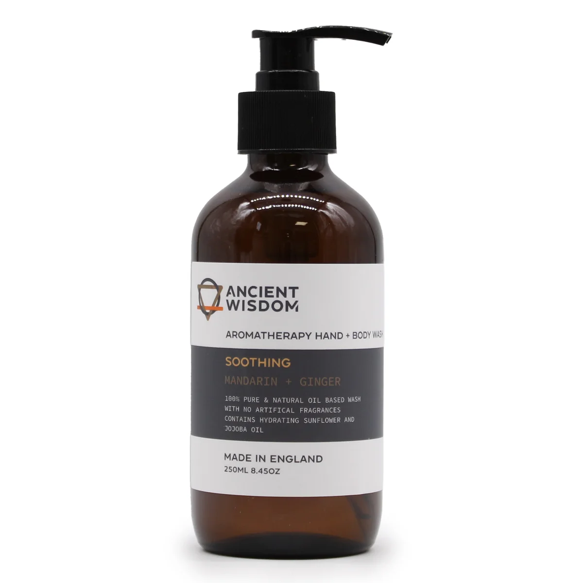 250ml bottle of mandarin hand wash with ginger, labelled for hand and body use on a plain background