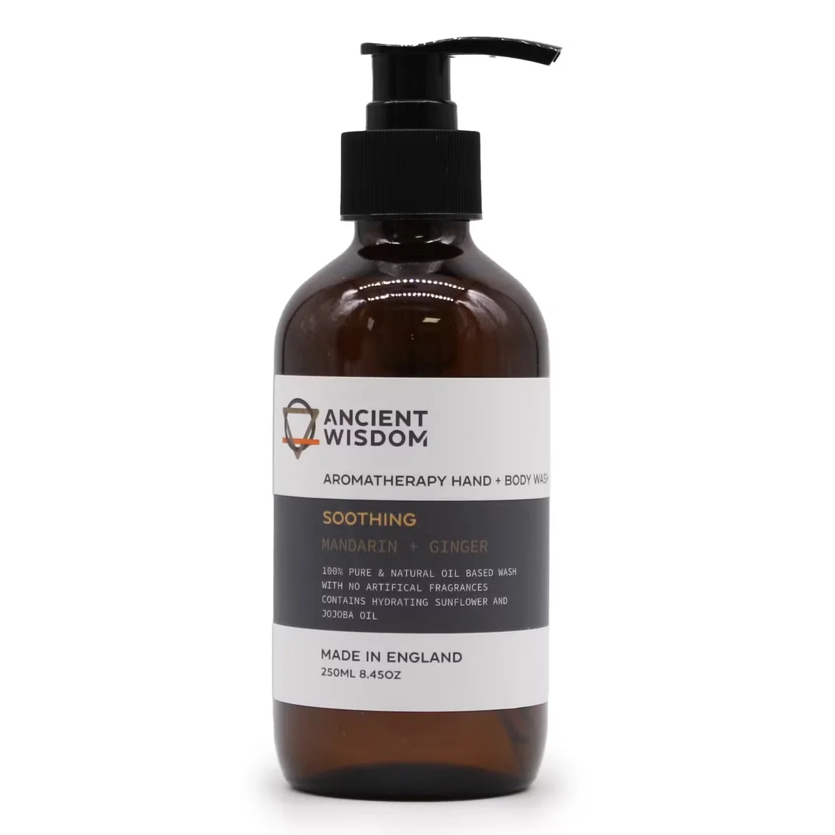 250ml bottle of Mandarin & Ginger hand and ginger body wash with orange and ginger illustrations on label