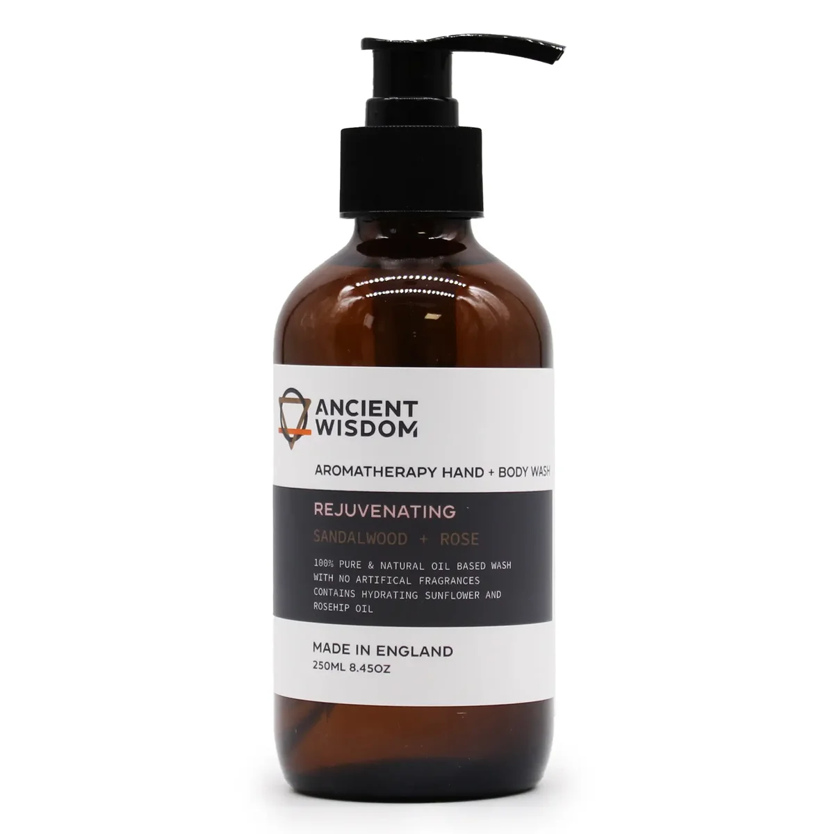 Bottle of Sandalwood & Rose hand and rose body wash with floral design on label, 250ml size