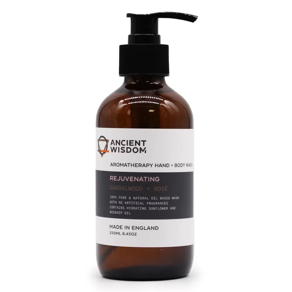 Bottle of Sandalwood & Rose 250ml hand wash with pump dispenser on plain white background