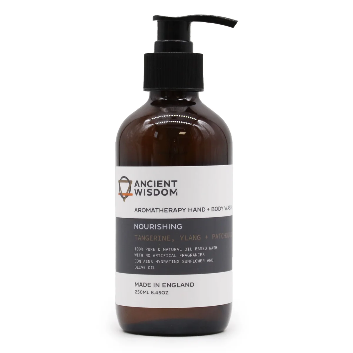 Bottle of tangerine hand wash with ylang and patchouli scent, 250ml size, white label with orange and green accents