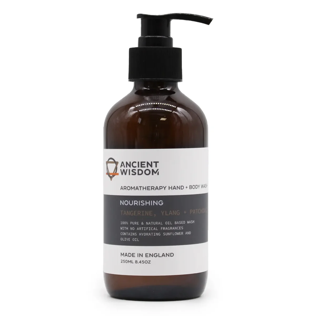 Bottle of Tangerine, Ylang & Patchouli hand and body wash with label highlighting ylang body wash, 250ml size