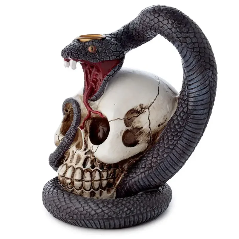 Ceramic snake incense burner with skull design for backflow incense cones on dark background
