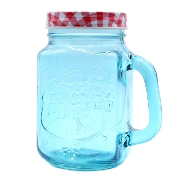Chilled blue funky mason jar with clear glass and frosted rim, surrounded by ice crystals